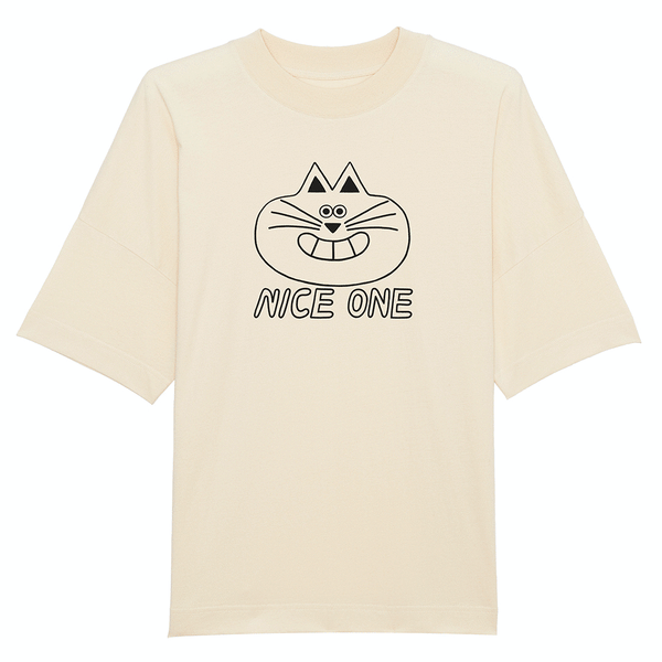 Cute smiling cat T-shirt with NICE ONE slogan designed and hand printed by YUK FUN