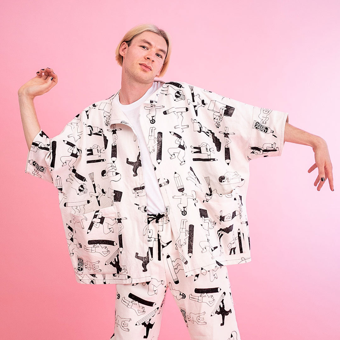 Cool all over print graphic Artist Jacket designed, handmade and screen printed by YUK FUN