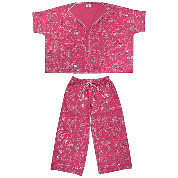 Awesome raspberry pink hand printed cat pattern trouser suit designed and ethically made in the UK by YUK FUN