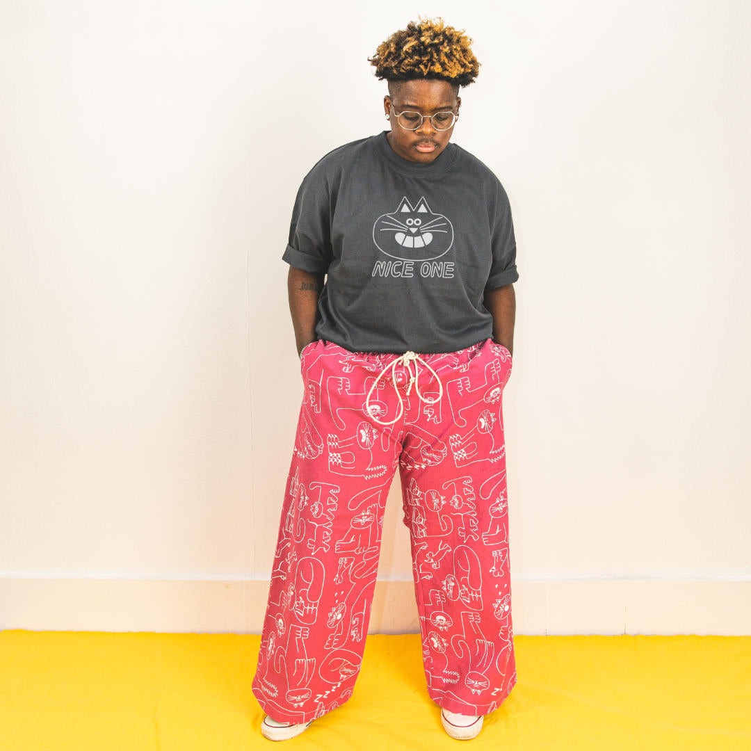 Totally awesome raspberry pink trousers designed and made by independent label YUK FUN