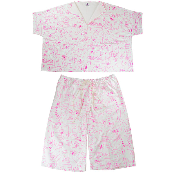 Pink and white trouser suit designed, screen printed and ethically made by independent label YUK FUN