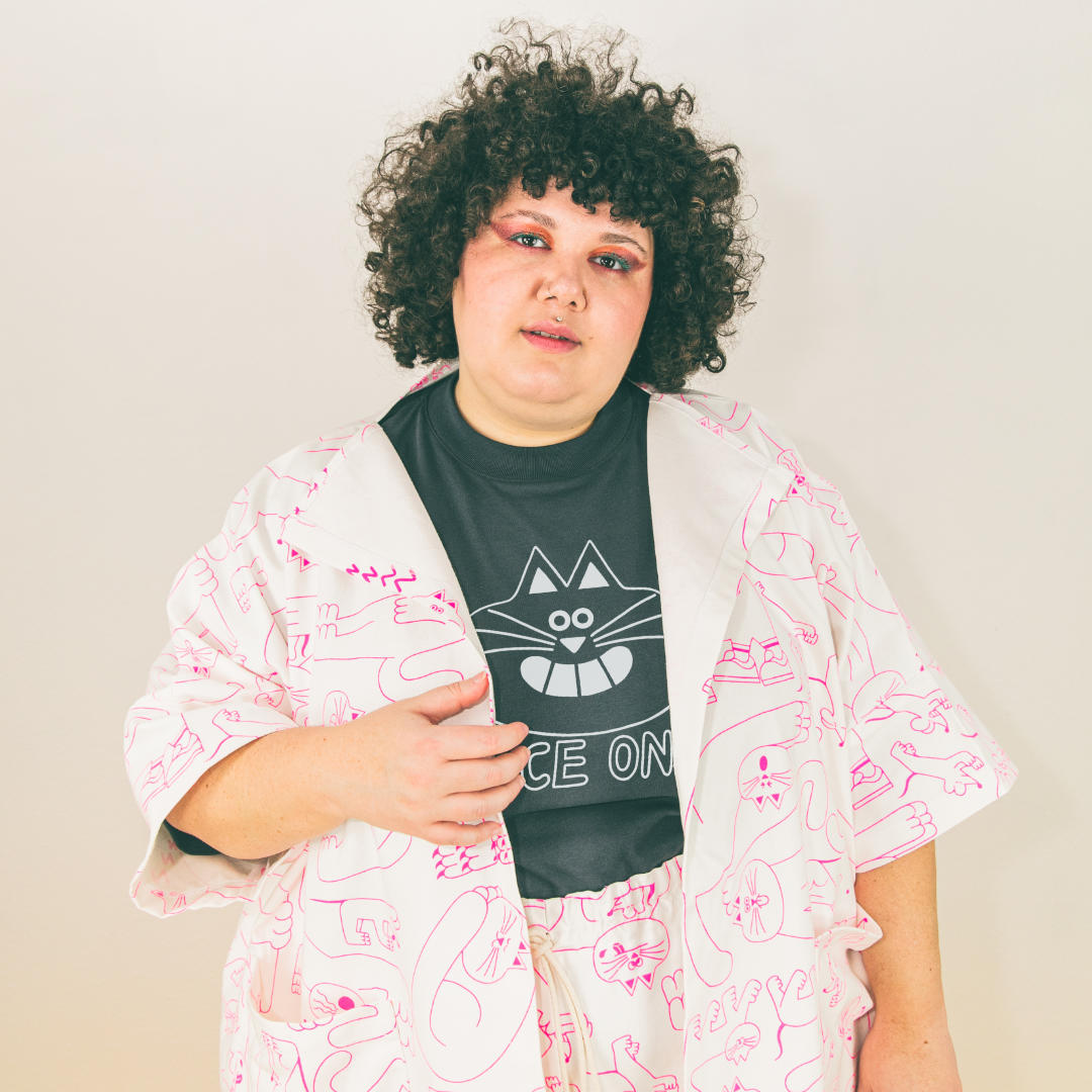 Super cute oversized white and fluorescent pink jacket designed and ethically made by independent label YUK FUN in the UK