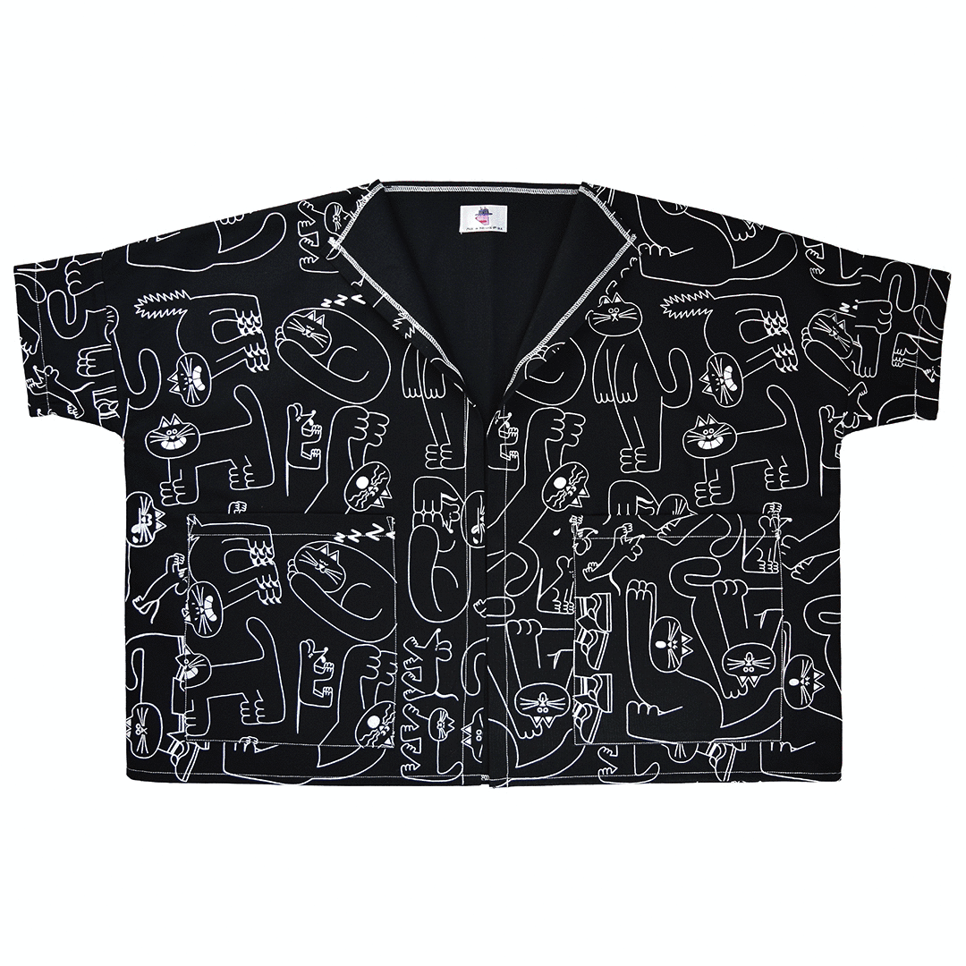 Mega boxy oversized Artist Jacket from YUK FUN screen printed in a Dora cat pattern