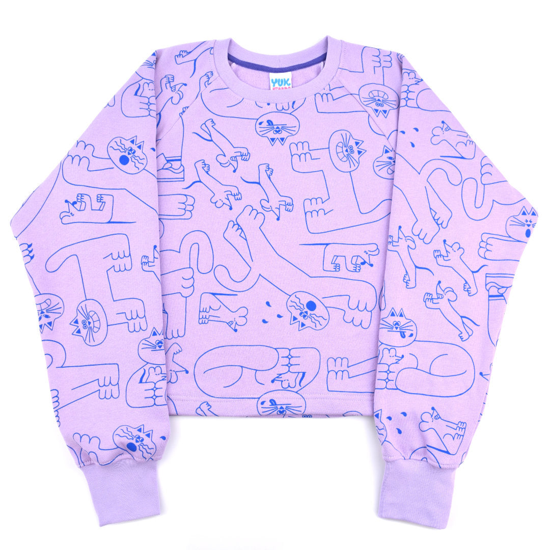 Super cute lilac and blue organic all over print cat sweatshirt. Made in the UK by indie brand YUK FUN.