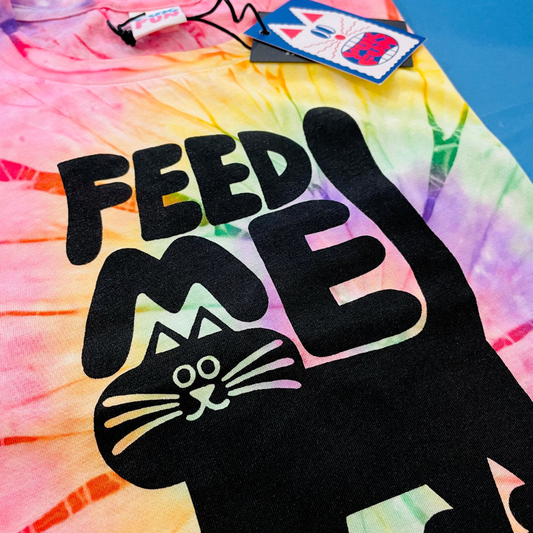 Radical tie-dye t-shirt with Feed Me design screen printed by YUK FUN