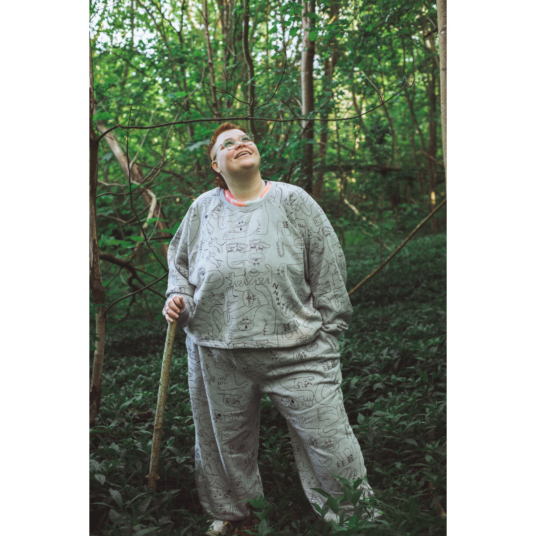 Organic grey cotton tracksuit with all over cat print designed and made by indie brand YUK FUN