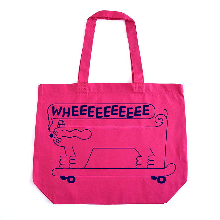 Hot pink organic cotton tote bag with a skateboarding dog illustration by YUK FUN