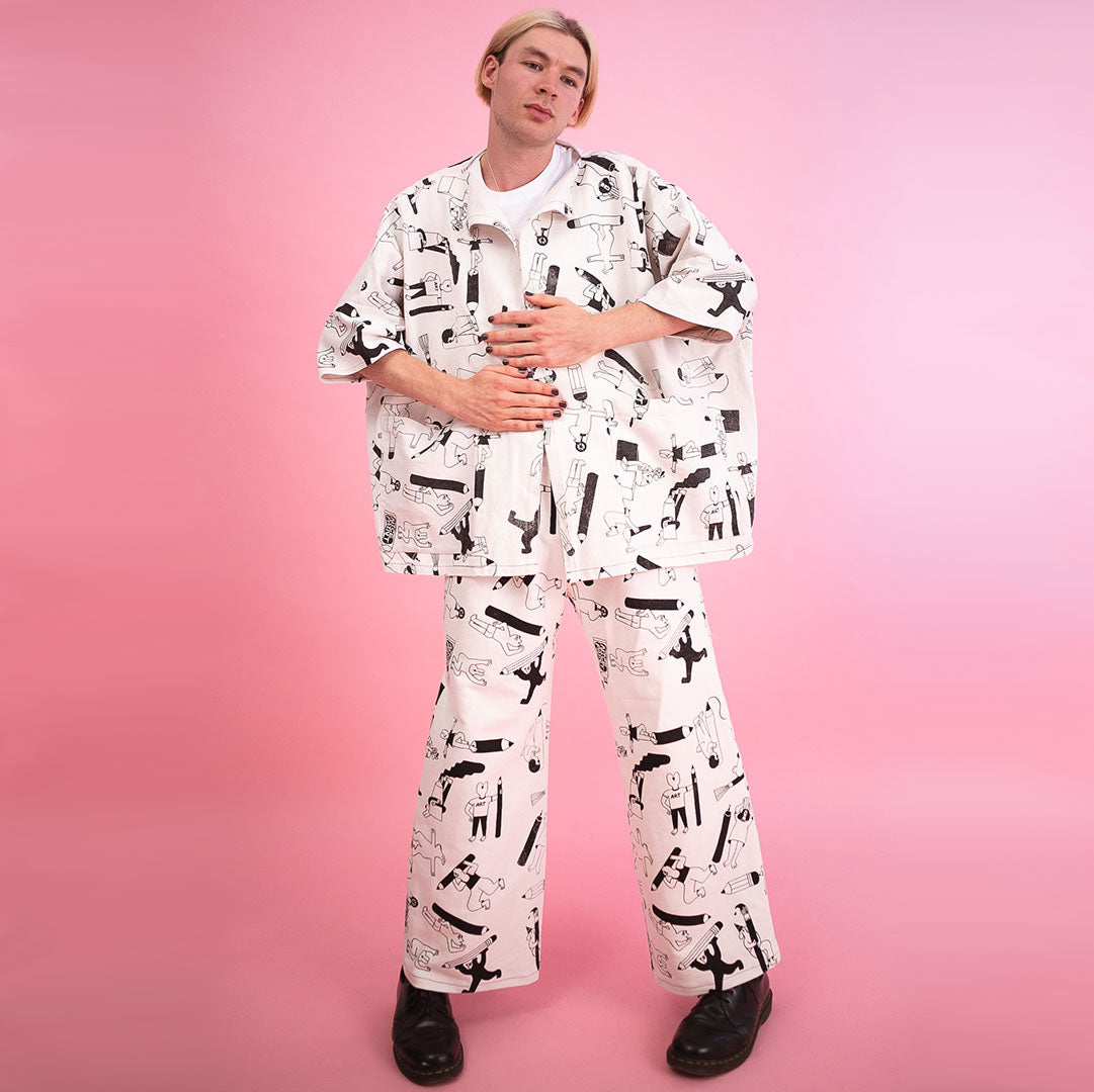 All over print YUK FUN Artist Suit in black, ethically made from sustainable 100% organic cotton in the UK