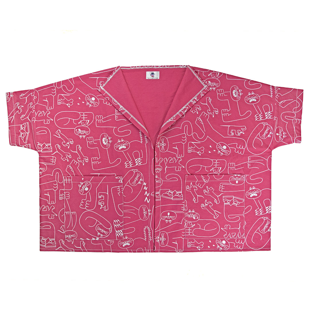 Pink cat pattern boxy jacket ethically made in the UK by YUK FUN