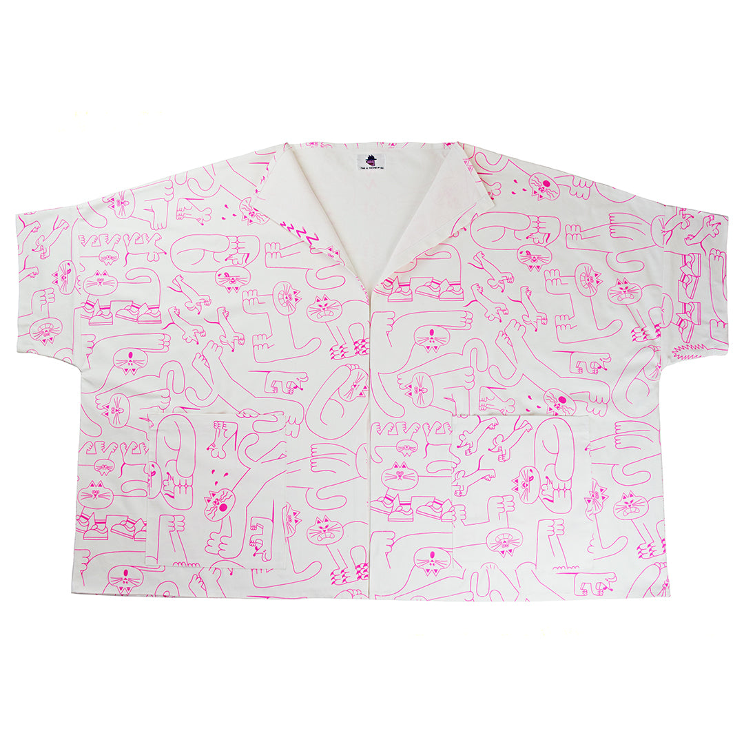 Cute white cat print Artist Jacket designed and ethically made by YUK FUN