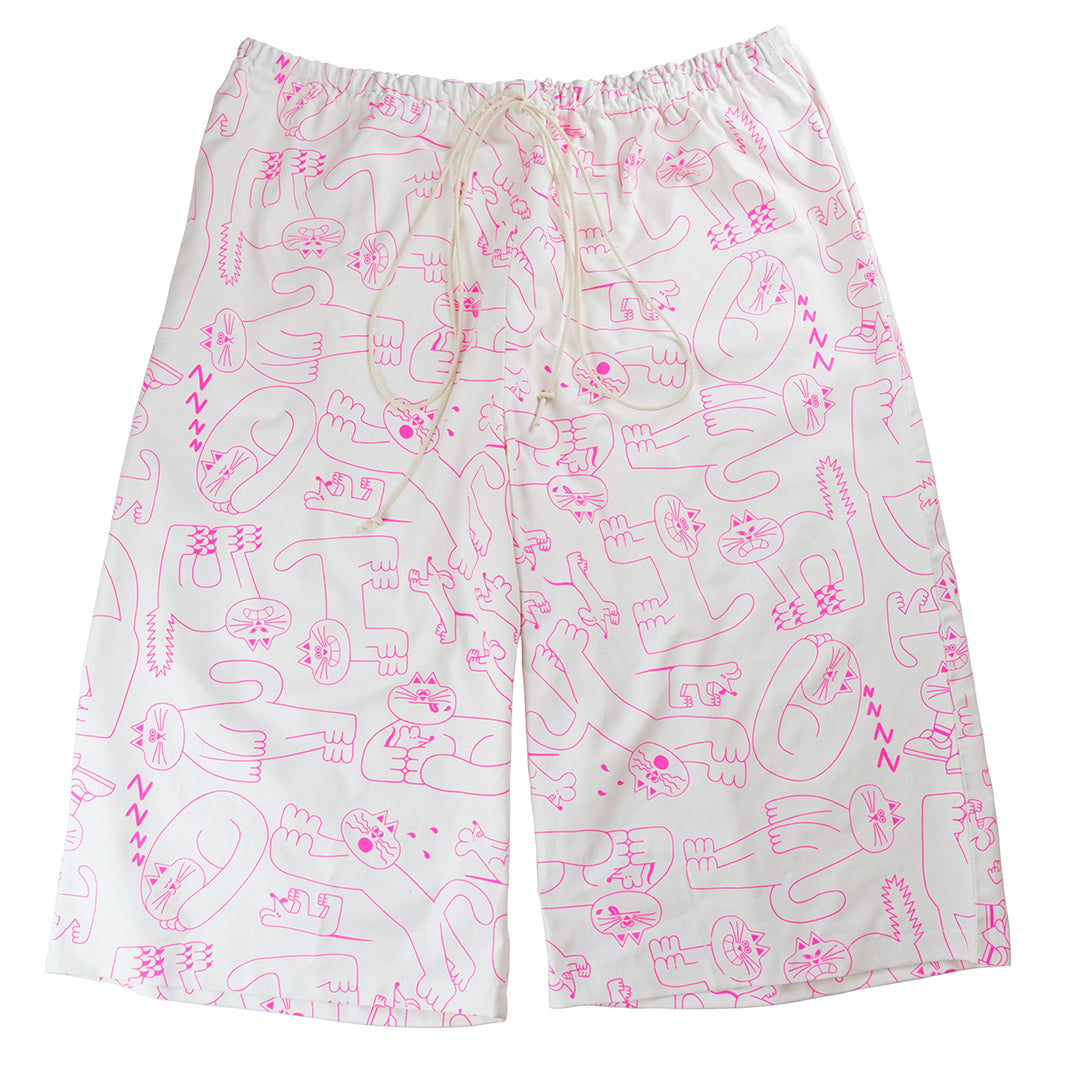 Cute white and pink cat pattern trousers ethically made from 100% organic cotton by illustration duo YUK FUN