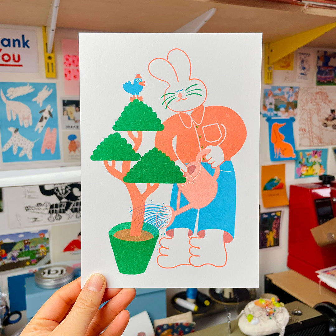 YUK FUN Bunny Waters the Money Tree Riso Print