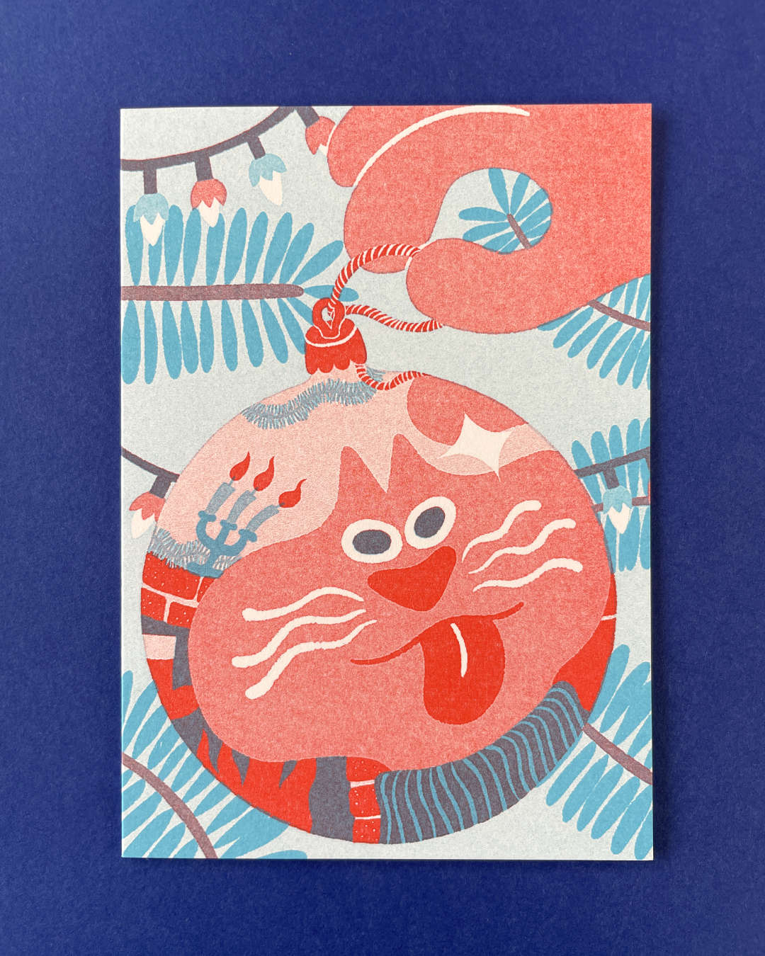 YUK FUN Christmas card with illustration of a cat looking at a bauble 