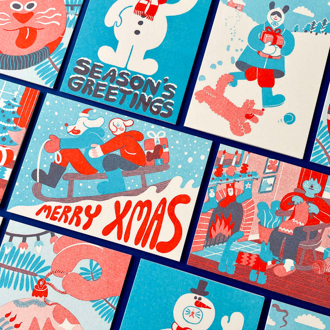 Collection of Christmas-themed cards with snowmen, Santa Claus, and winter scenes illustrated by YUK FUN
