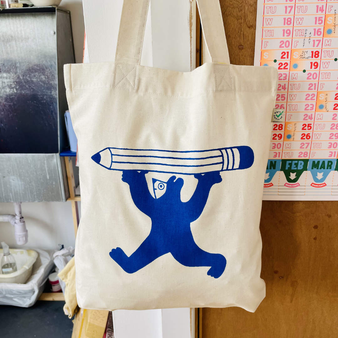 Misprinted Pencil Person tote bag - Blue on Natural