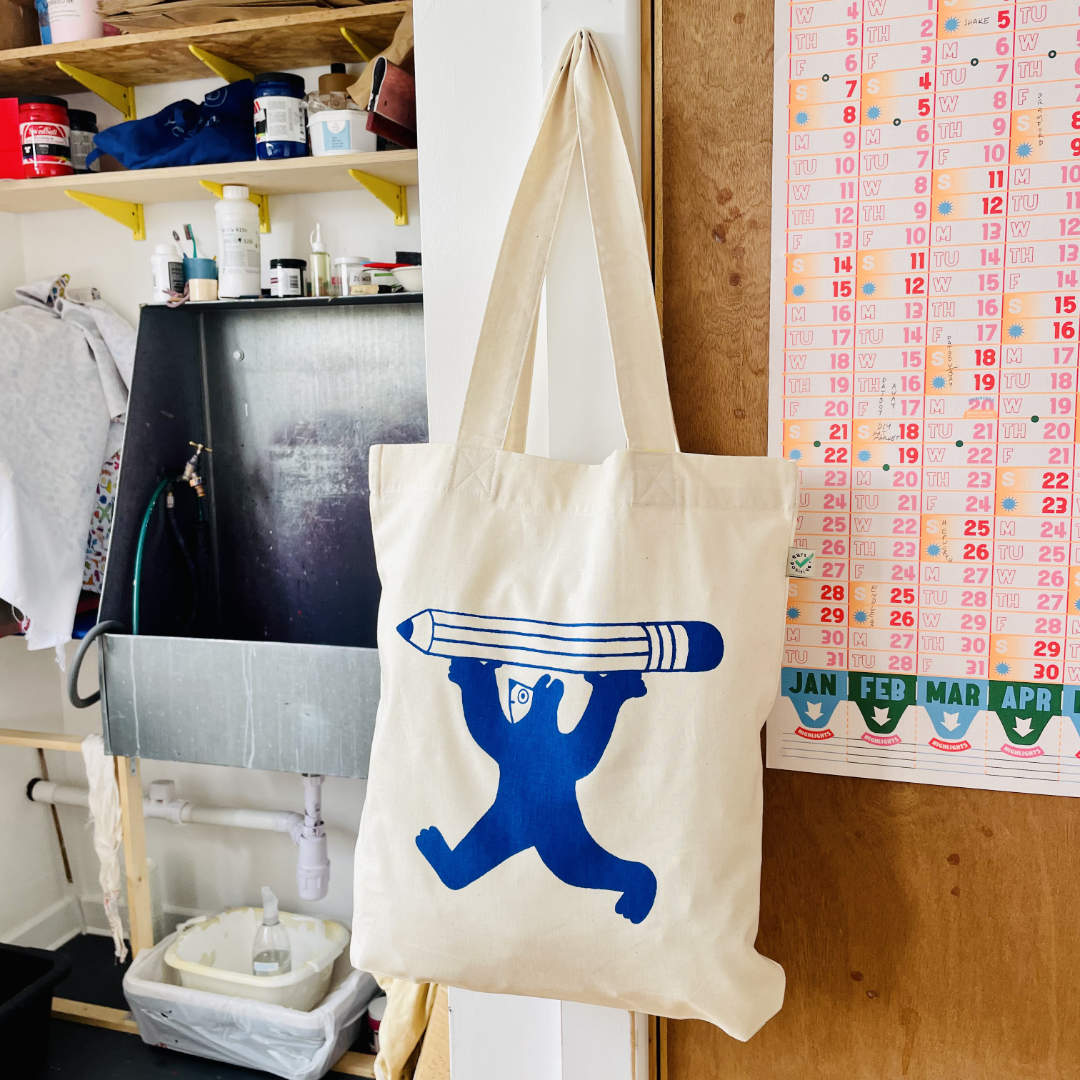 Misprinted Pencil Person tote bag - Blue on Natural