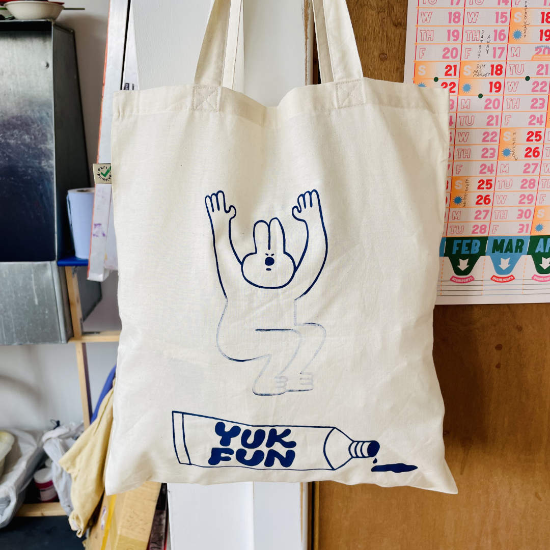 MISPRINTED YUK FUN Jumping Bunny tote bag