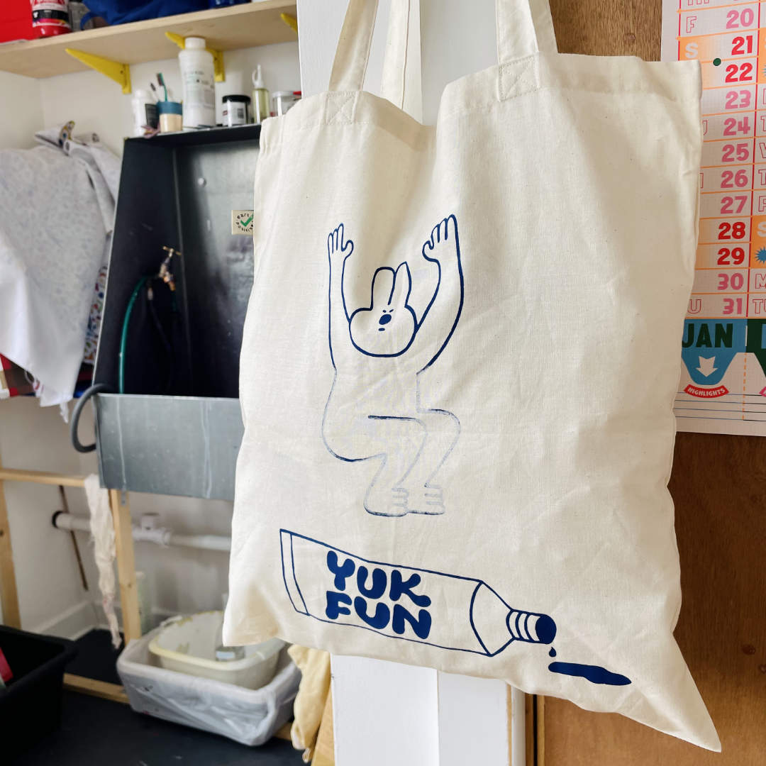 MISPRINTED YUK FUN Jumping Bunny tote bag