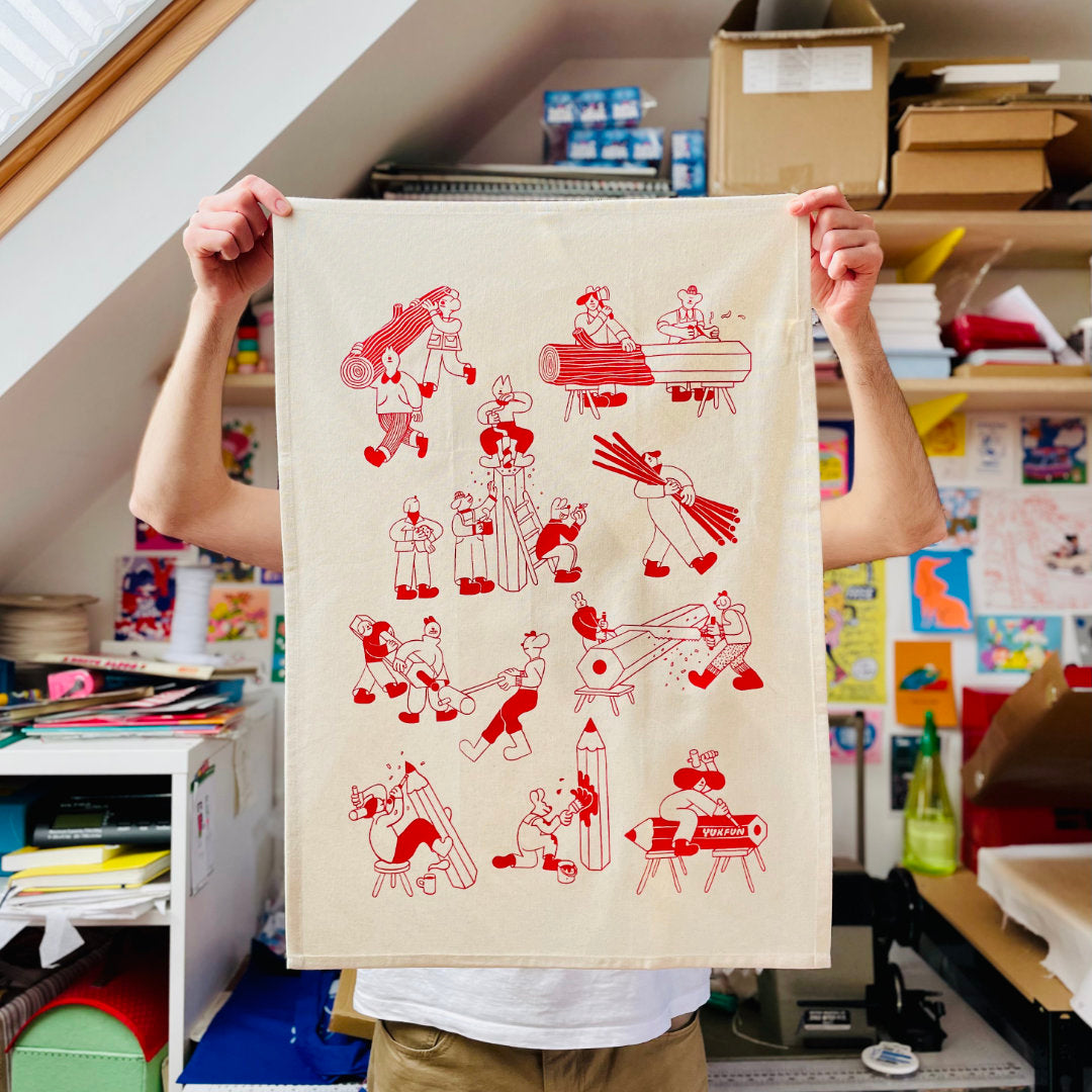 YUK FUN Pencil Factory Tea Towel