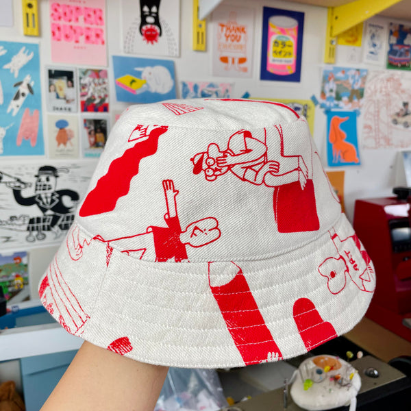 YUK FUN Red Pencil Party Print Bucket Hat
