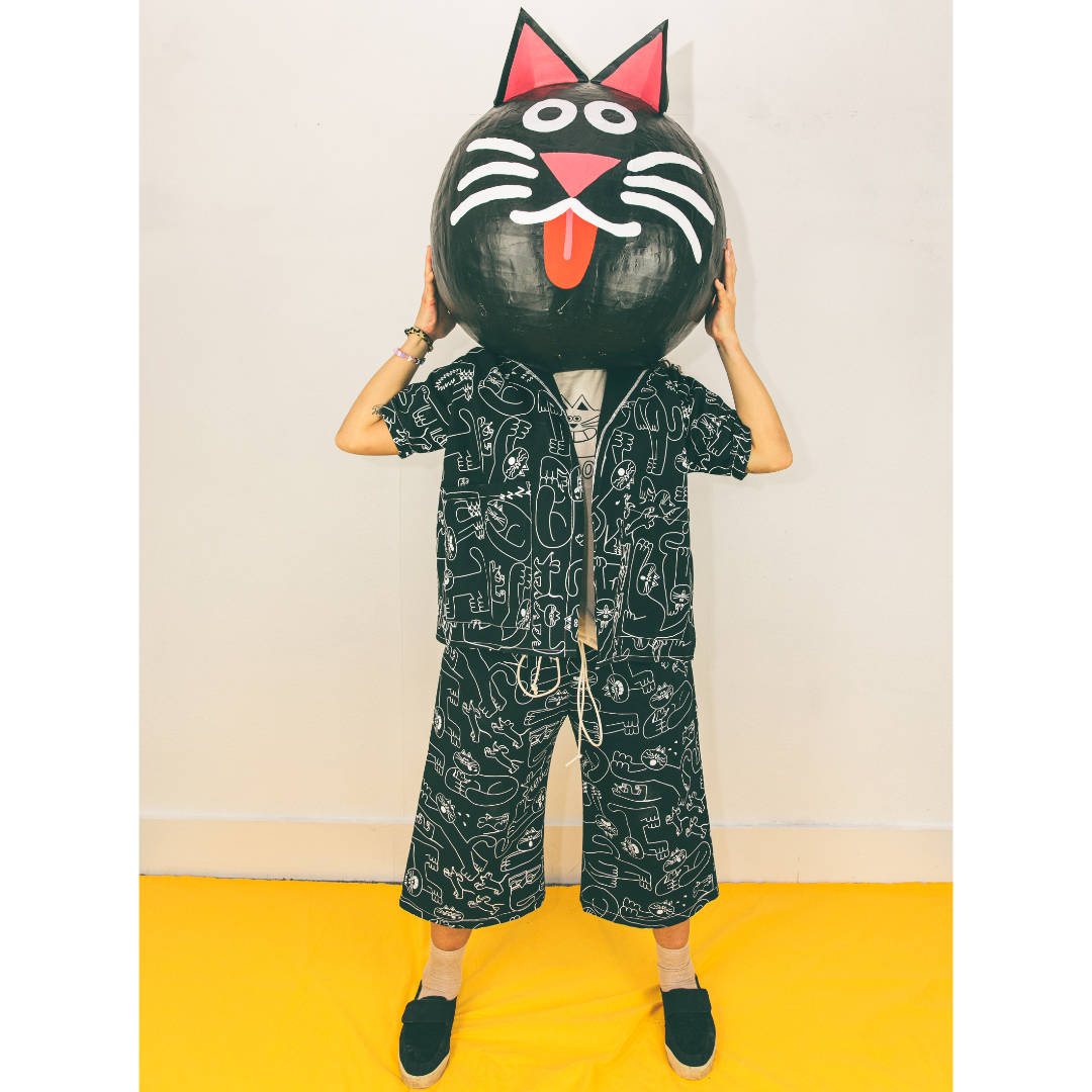 Cat print black and white trouser suit designed and made by YUK FUN in the UK