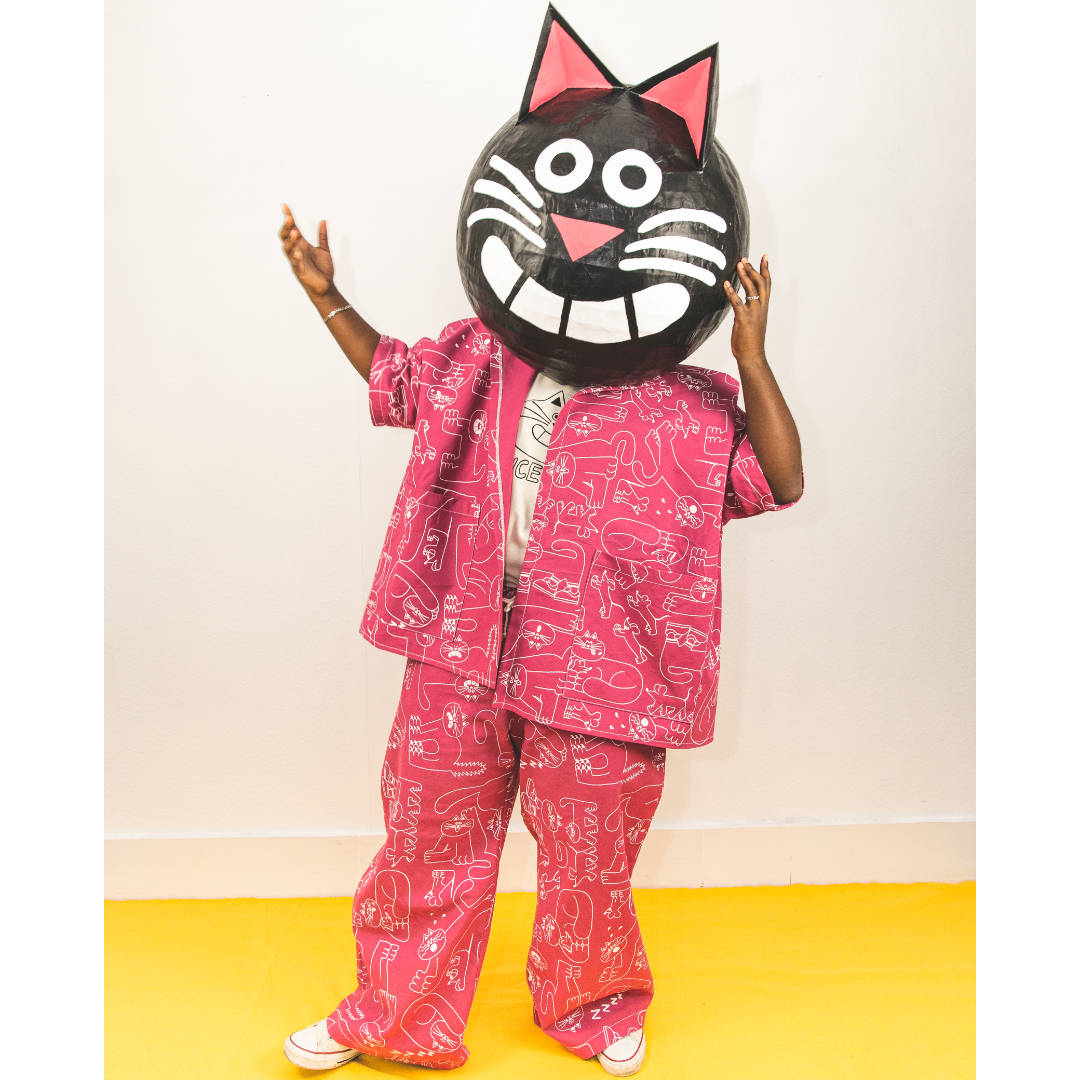 THE GREATEST PINK SUIT ever made with 100% organic cotton and hand printed with a fun cat pattern by YUK FUN