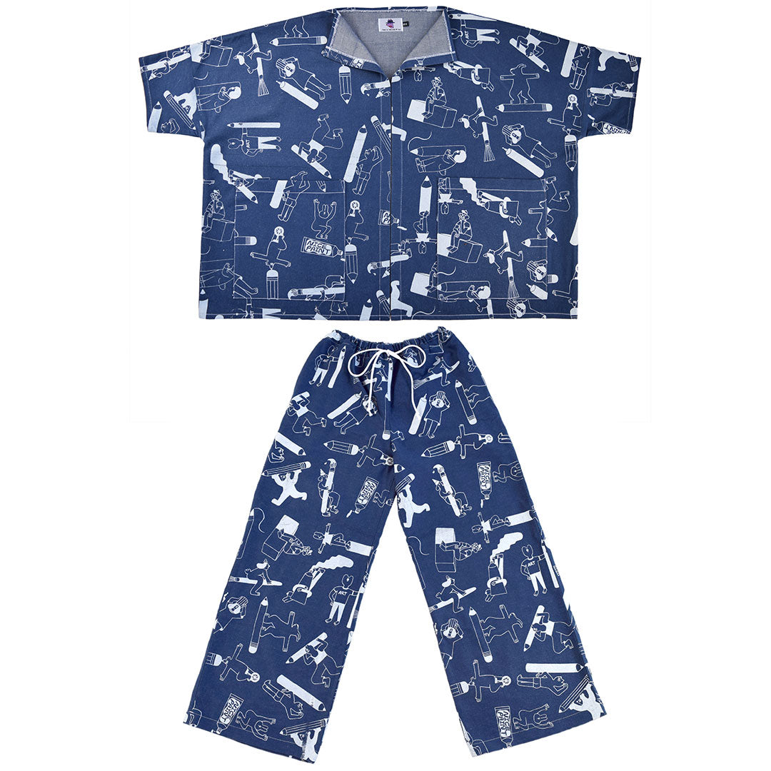 Double denim Artist Suit ethically made from sustainable 100% organic cotton by illustration duo YUK FUN