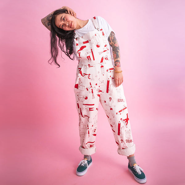 Awesome red pencil all over print dungarees designed by YUK FUN