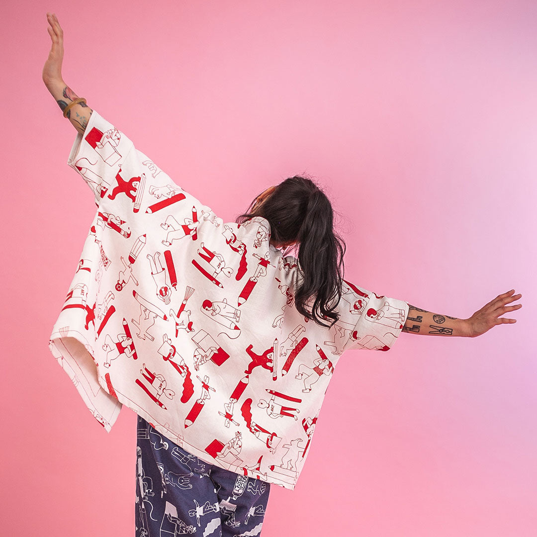Cute all over print red jacket by illustration duo YUK FUN