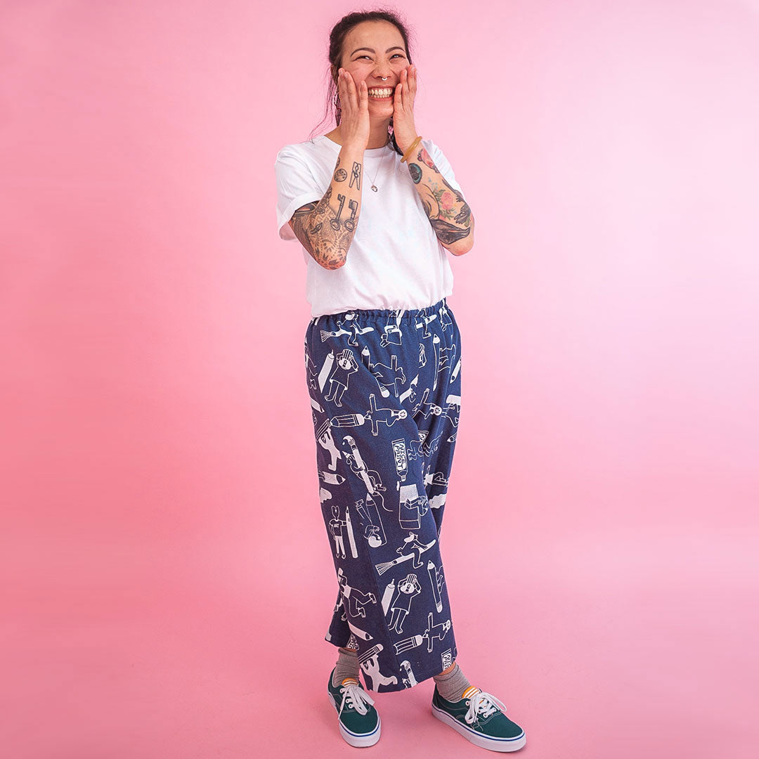 Cute all over print denim trousers hand made and hand screen printed by illustration duo YUK FUN