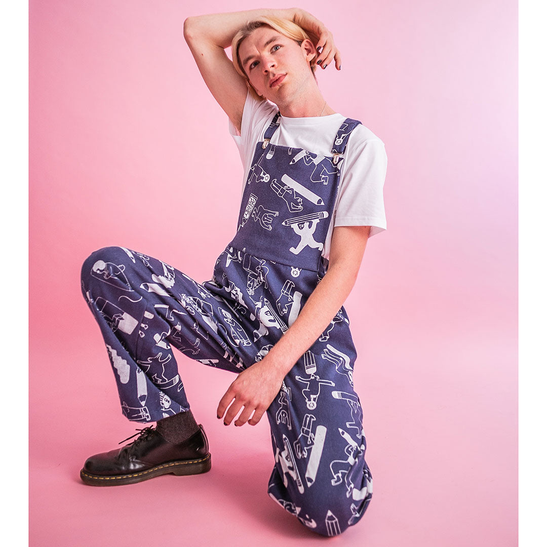 Awesome all over print denim dungarees from indie label YUK FUN