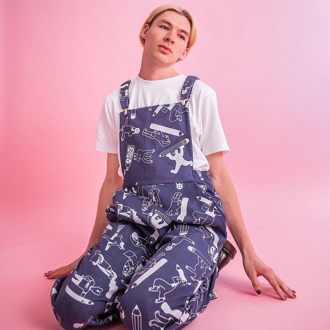 Amazing handprinted all over print denim dungarees made in the UK