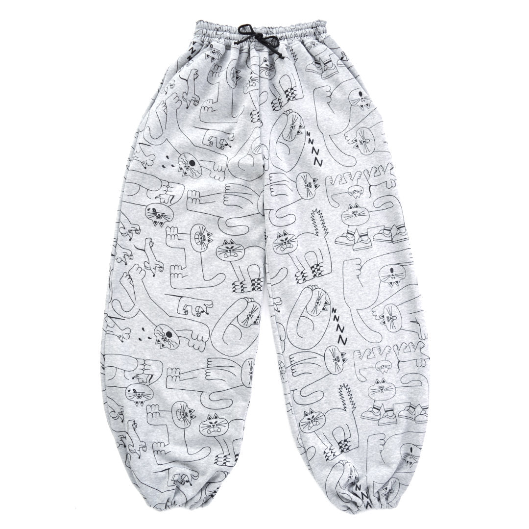 Baggy grey jogging bottoms with all over cat print designed and made by YUK FUN