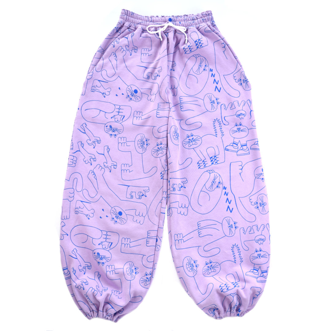 Lilac and blue all over cat print jogging bottoms designed and made by YUK FUN