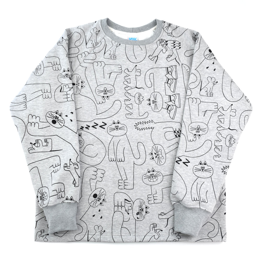 Grey organic sweatshirt with cat illustrations printed by YUK FUN