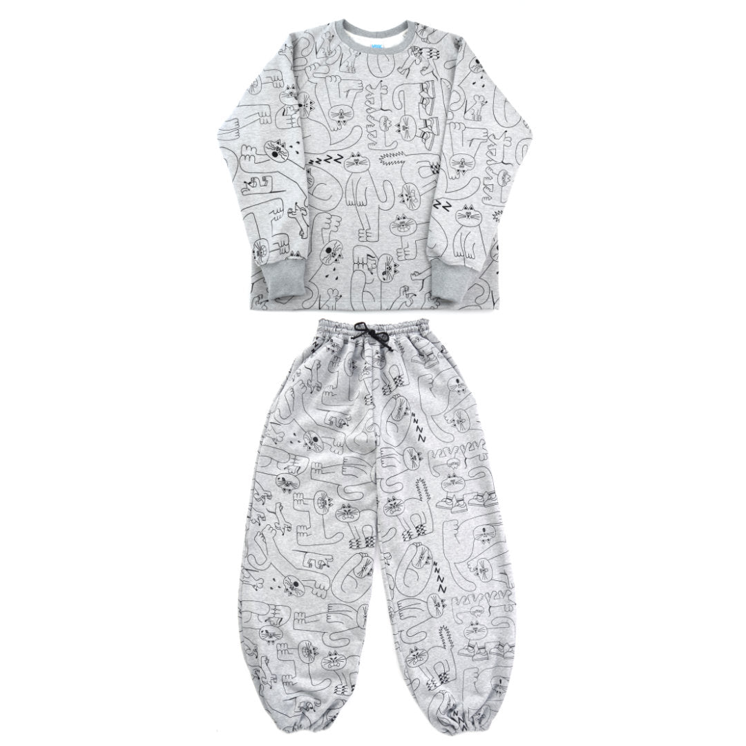 Grey and black all over cat print tracksuit designed and printed by YUK FUN