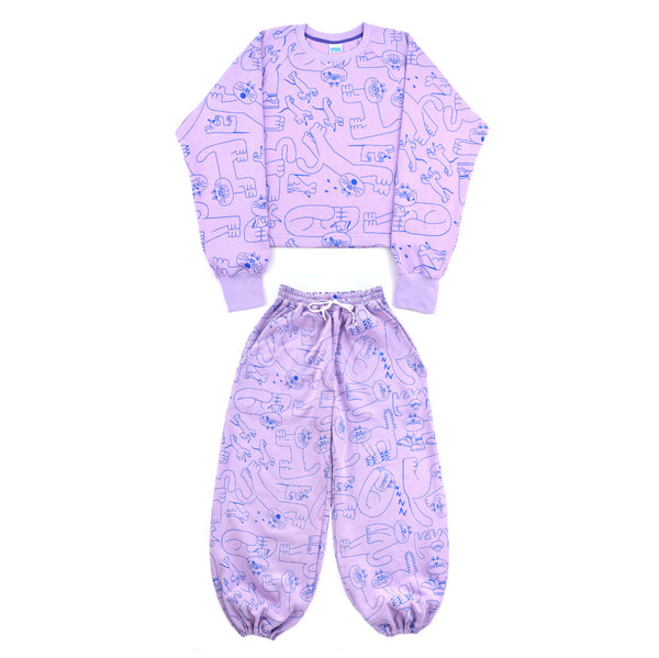 Lilac tracksuit made in the UK from 100% organic cotton fleece by designer makers YUK FUN