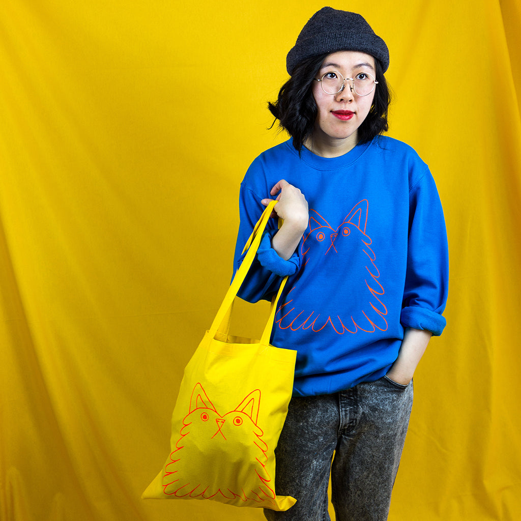Awesome blue cat sweatshirt for women by indie label YUK FUN