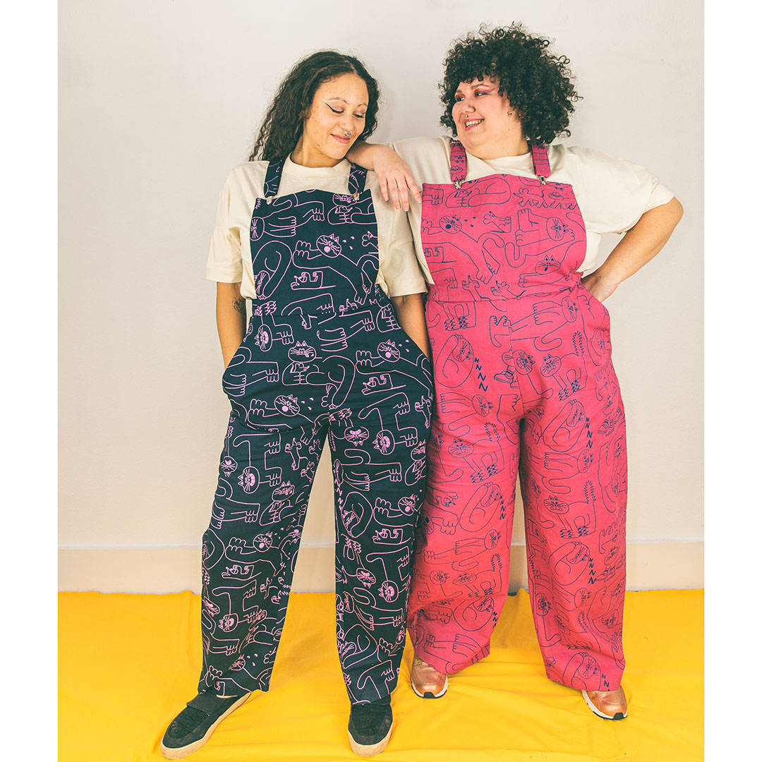 Colourful cat print dungarees ethically made in the UK for a living wage by YUK FUN & the Emperor's Old Clothes