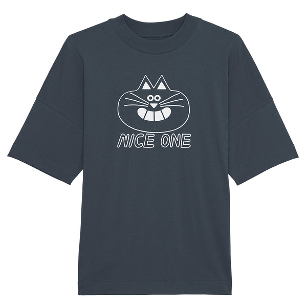 Happy cat T-shirt with NICE ONE slogan in grey designed and screen printed by YUK FUN