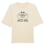 Cute smiling cat T-shirt with NICE ONE slogan designed and hand printed by YUK FUN