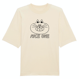 Cute smiling cat T-shirt with NICE ONE slogan designed and hand printed by YUK FUN