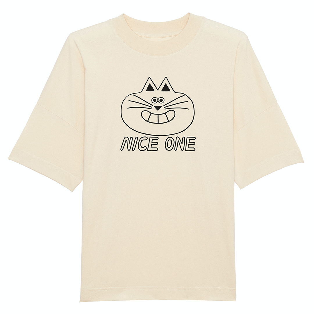 Cute smiling cat T-shirt with NICE ONE slogan designed and hand printed by YUK FUN