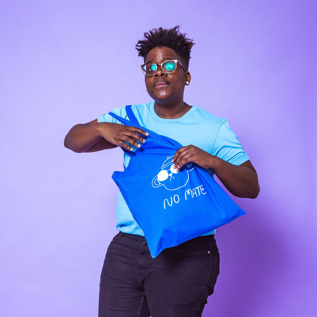 No Mate screen printed blue tote bag by YUK FUN