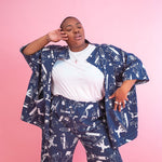 All over print denim Artist Jacket hand made and hand screen printed by illustration duo YUK FUN