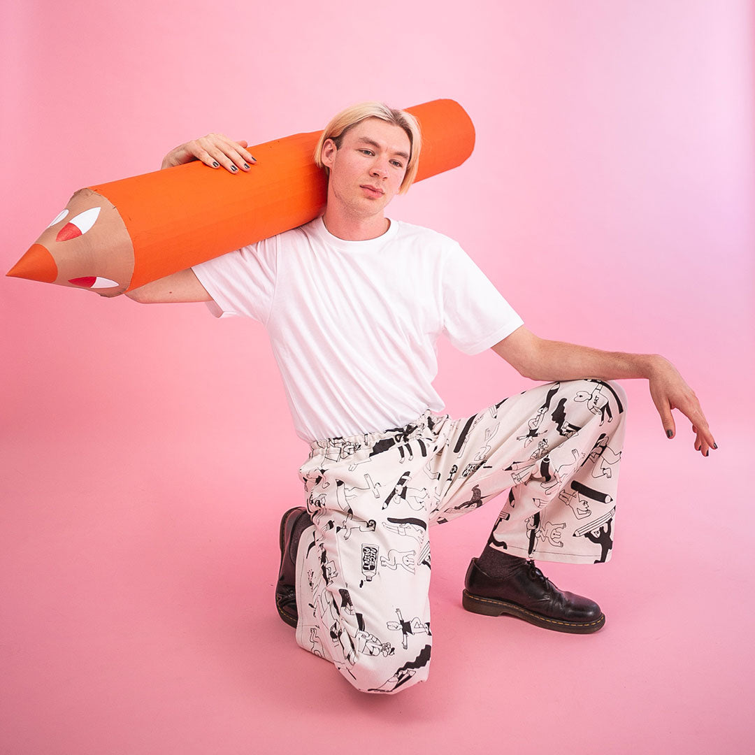 Pencil print trousers for artists ethically made from sustainable 100% organic fabric by YUK FUN