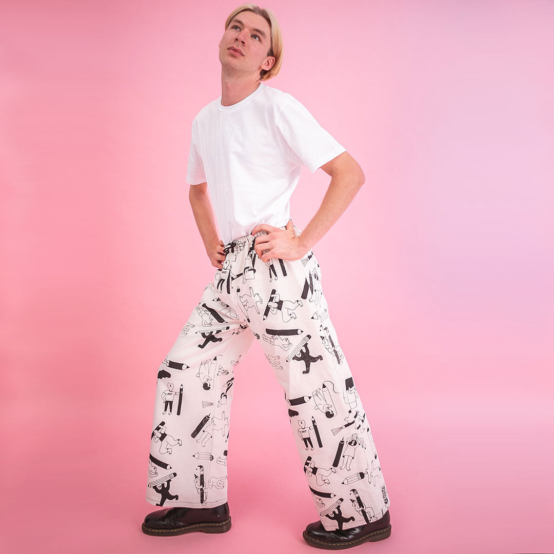 Cool trousers hand made and screen printed by illustration duo YUK FUN