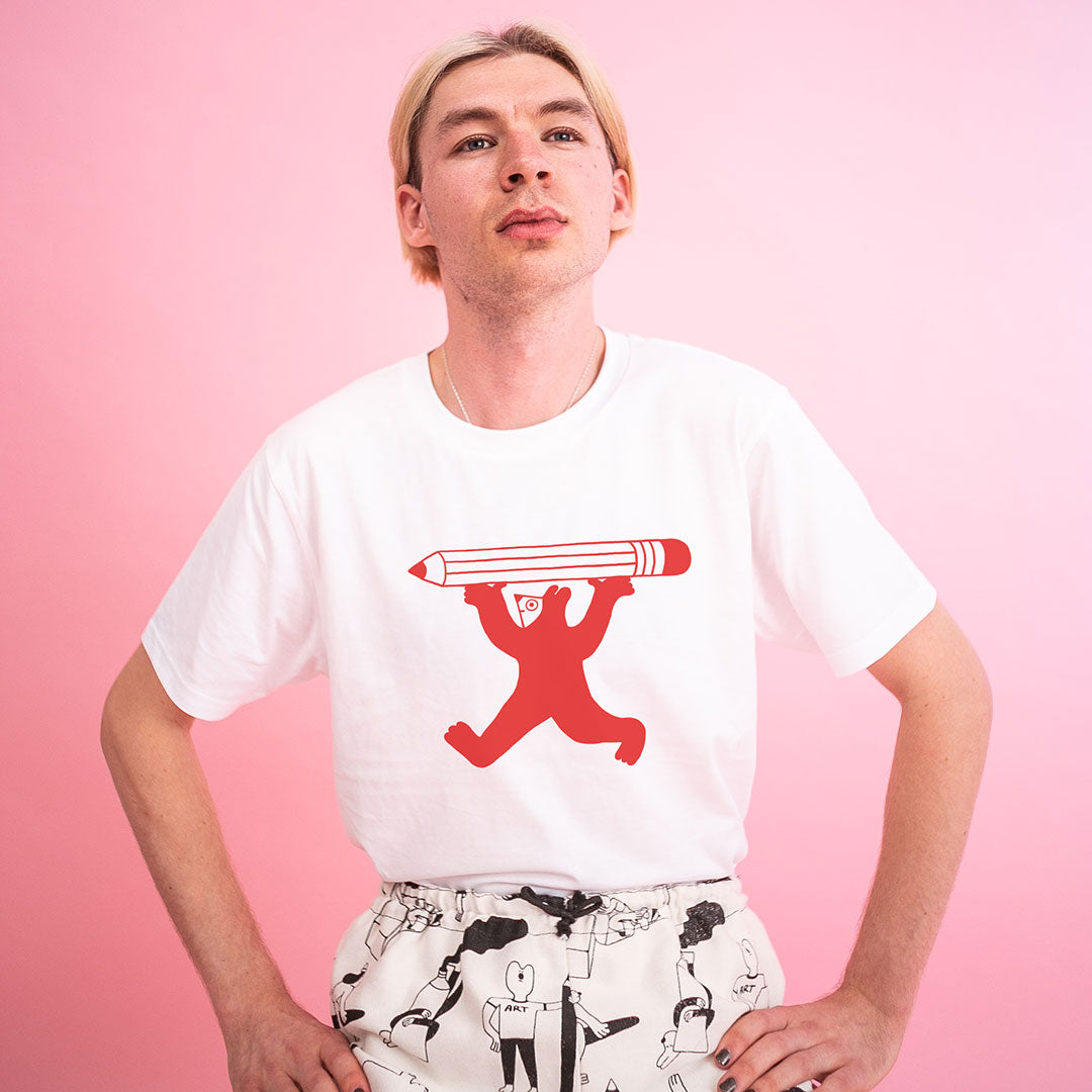 100% organic white T-shirt, hand printed using eco friendly water based inks by YUK FUN