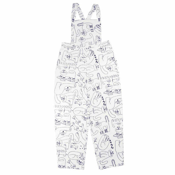 Organic cotton dungarees designed by YUK FUN with an all over cat print in navy blue and white