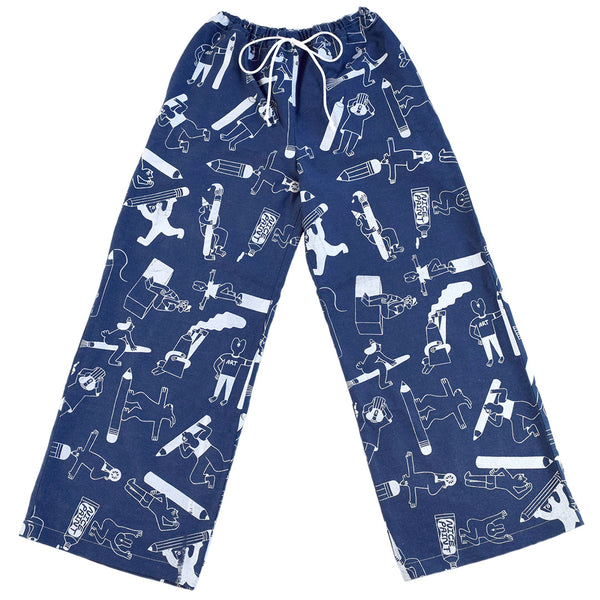 All over print denim trousers ethically made from sustainable 100% organic fabric by illustration duo YUK FUN